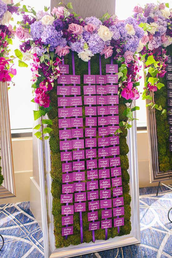 Elegant floral wedding seating chart display purple