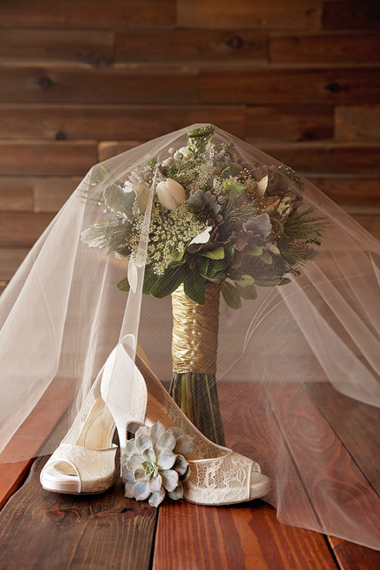 wedding bouquet and lace shoes