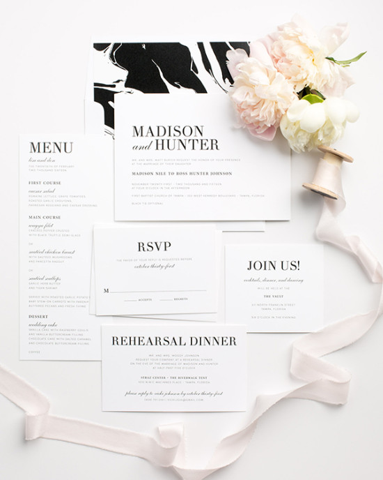 Elegant wedding invitation suite: RSVP, menu, and details