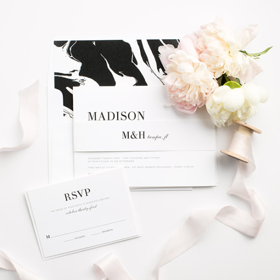 Elegant black and white wedding invitation suite with RSVP card