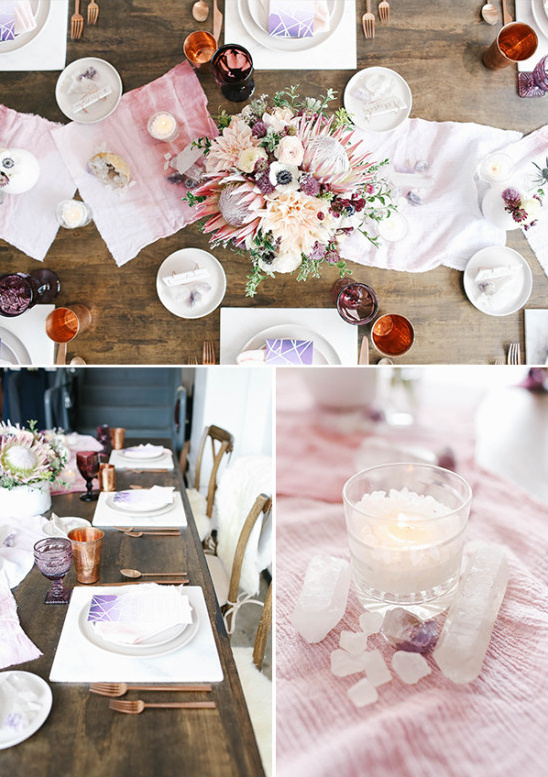 Elegant wedding table setting with flowers and crystals