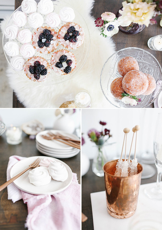 Dessert table with pastries meringues and rock candy
