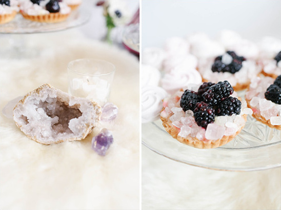 Crystal and amethyst with blackberry tarts dessert table