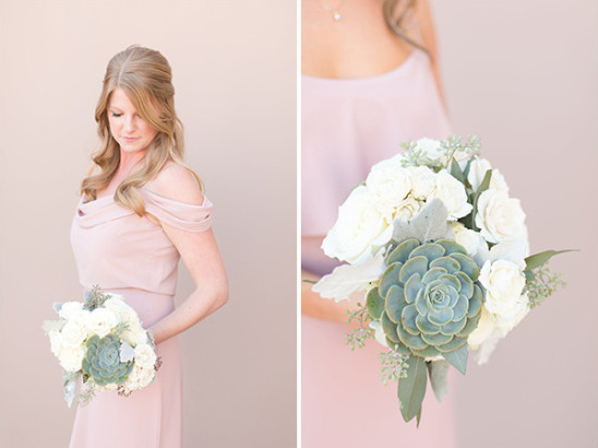 dusty pink bridesmaid dress and white and green bouquet