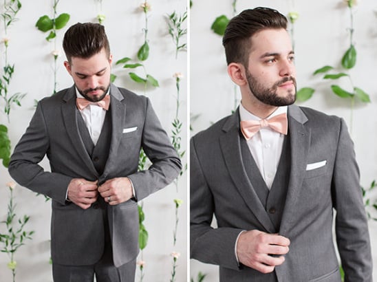 Groom in grey with pink bow tie
