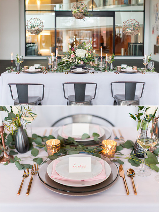 Pink and grey reception table ideas