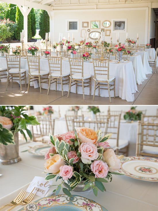 gold and pink wedding reception seating