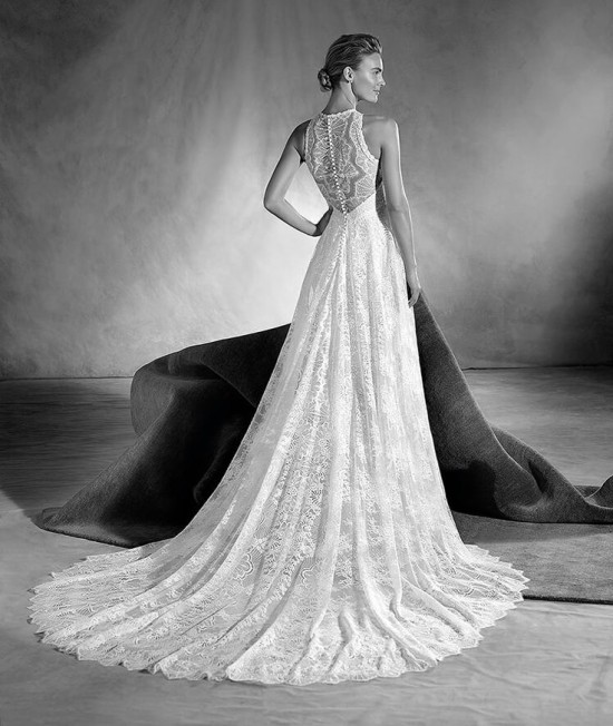 Elegant lace wedding dress with high neckline and train