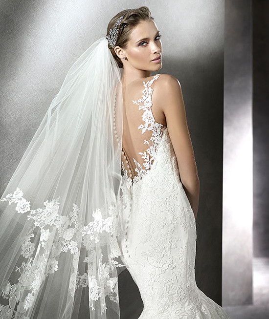 Elegant lace wedding dress with long veil