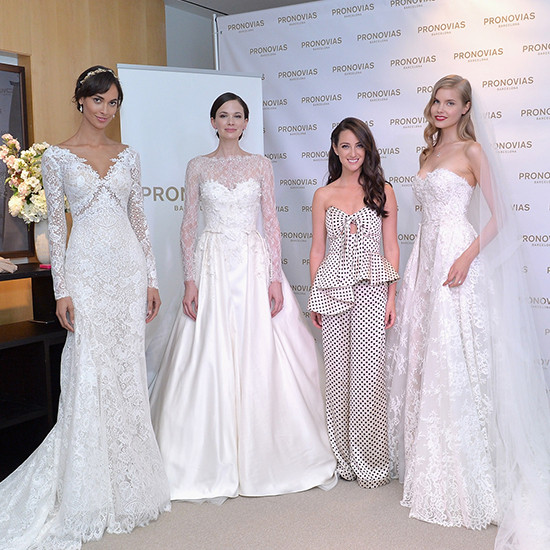 Pronovias models showcase wedding dresses and a polka dot suit