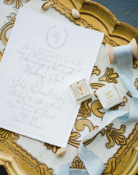 Elegant wedding invitation suite with ring and silk ribbon