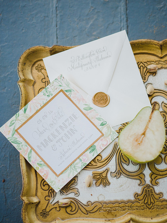 Elegant wedding invitation suite with pear fruit decor