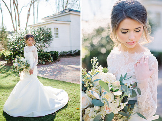 Bride in white gown holding wedding bouquet outdoor