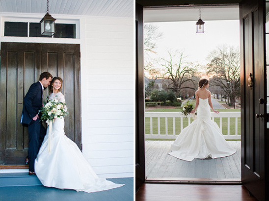 Bride and groom on a porch wedding day photos