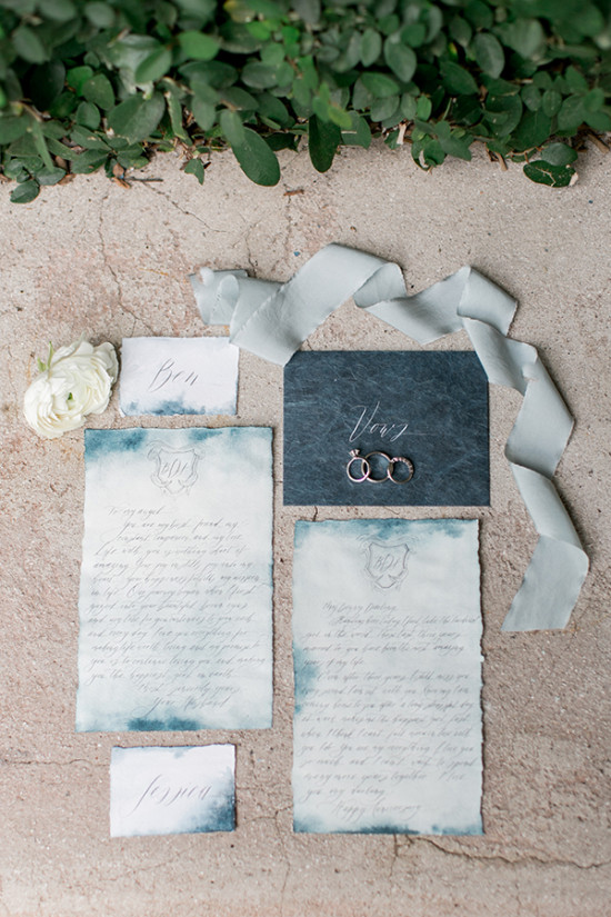Wedding invitation suite with rings and vows details