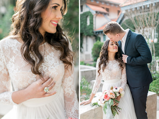 Happy bride in lace gown with groom kissing her forehead