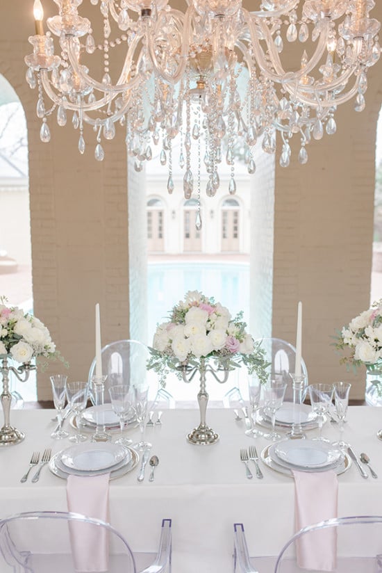 white pink and crystal table decor
