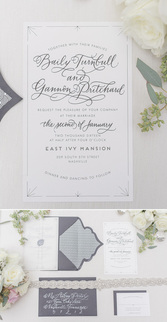 romantic calligraphy white and characoal gray invitation suite