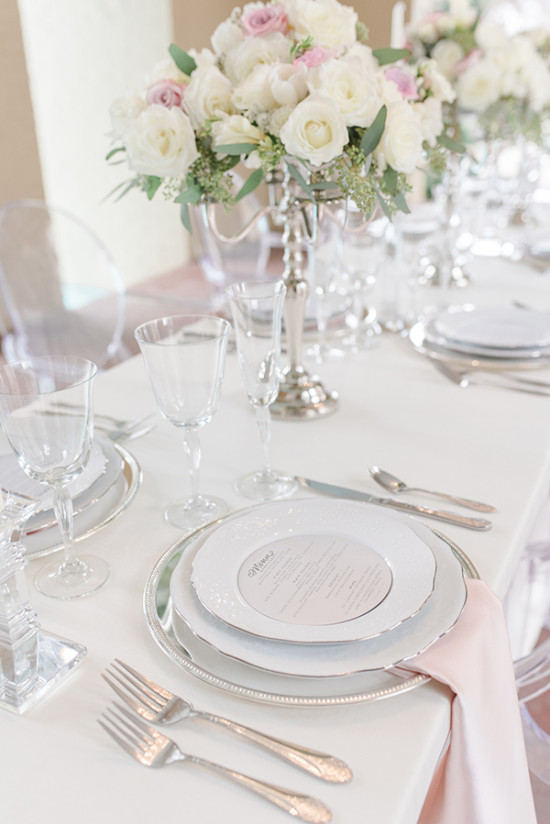 chic classic table decor in soft pink white and silver