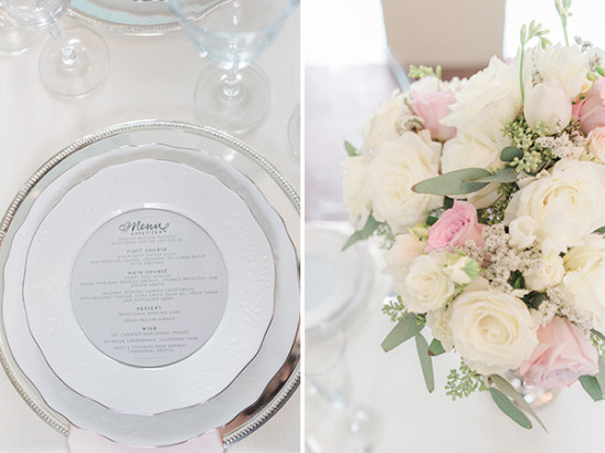 circular menu at silver white and crystal place setting