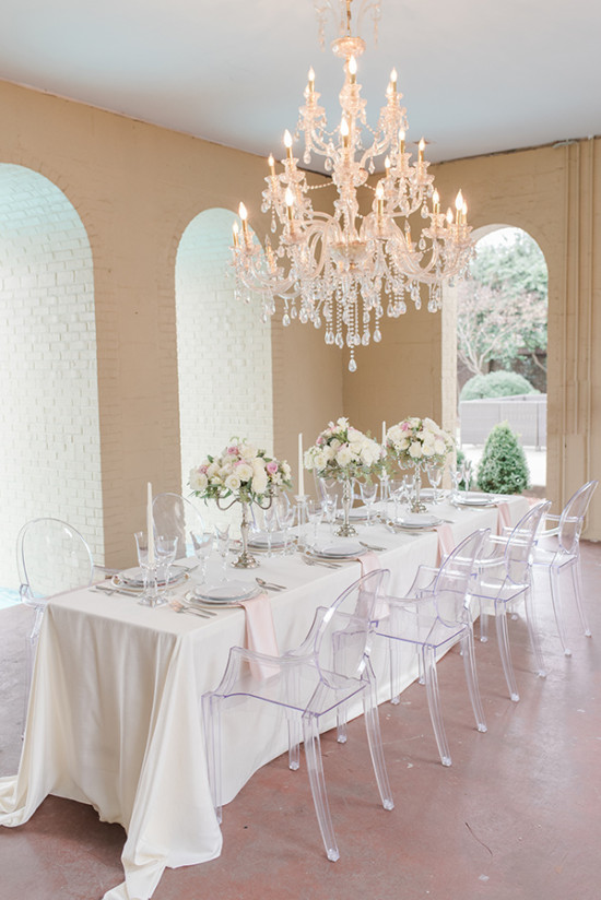 formal dinner reception table decor in silver white and pink