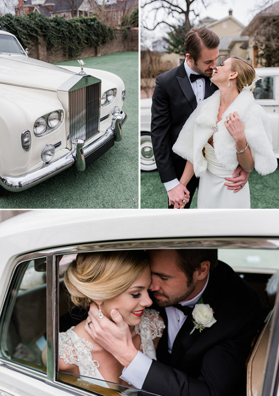 Bride and groom posing by Rolls Royce wedding car