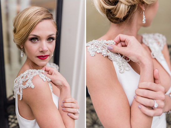 Bride in elegant white dress with crystal shoulder detail