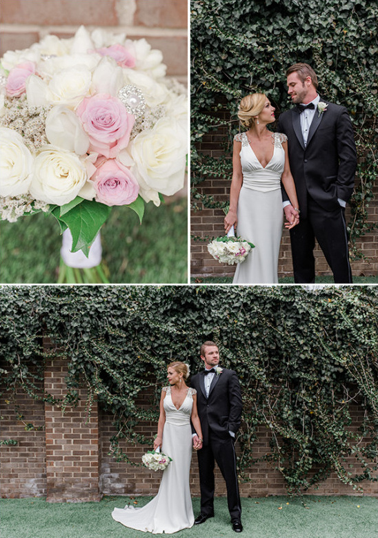 classic glam bride and groom and pink white and sparkle bouquet