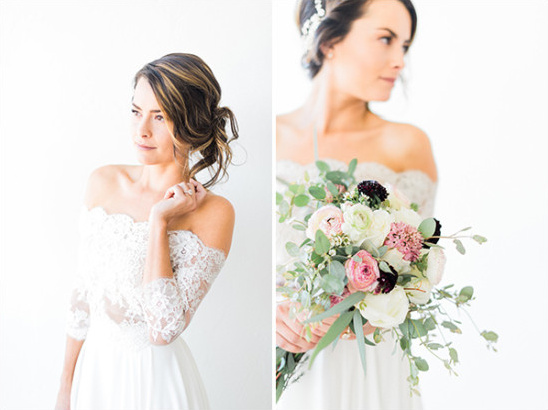 lace sholder showcasing wedding dress and bouquet
