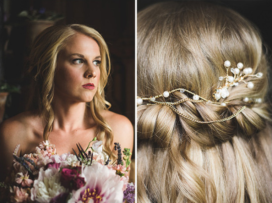 Bride with bouquet and hair pearls tiara detail
