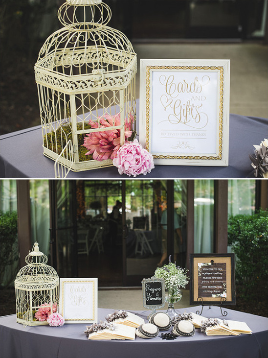 Wedding cards and gifts table decor with birdcage