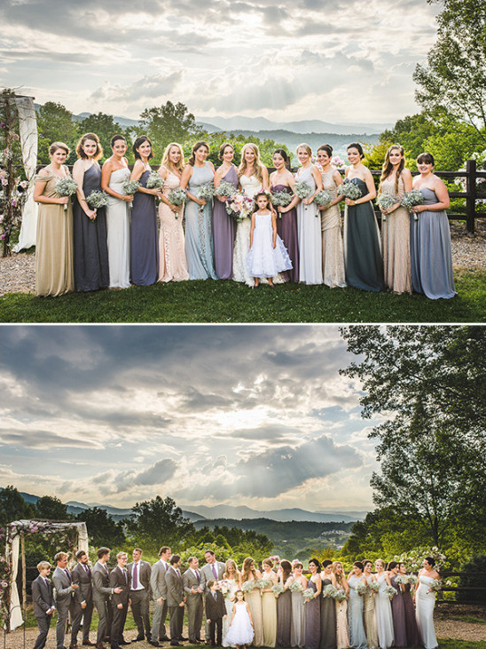 Bridesmaids in varying dresses at outdoor wedding venue