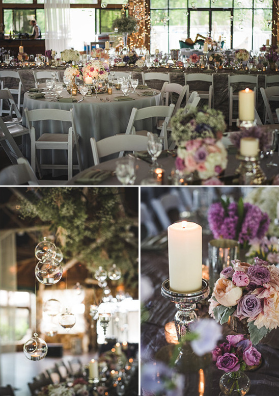 Wedding reception decor with candles and floral accents