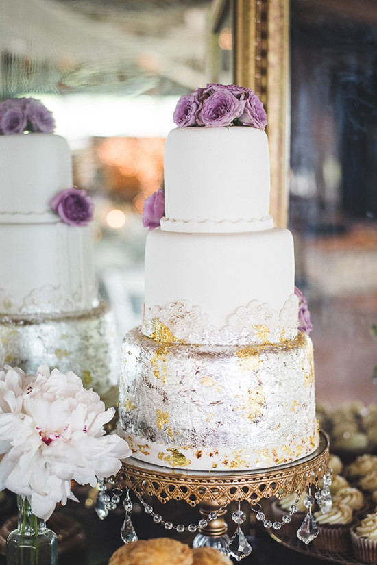 White wedding cake with foil detail