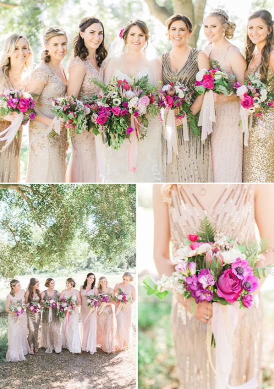 Bridesmaids in gold and blush