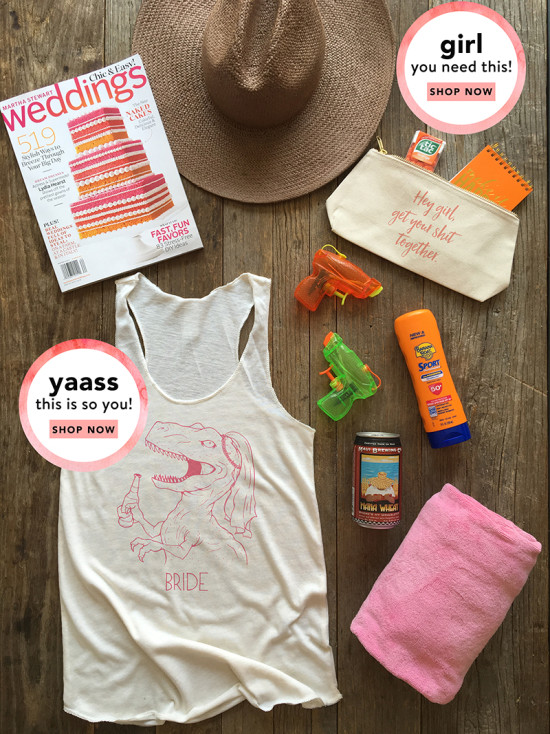 Bride tank top, beach essentials, and wedding magazine