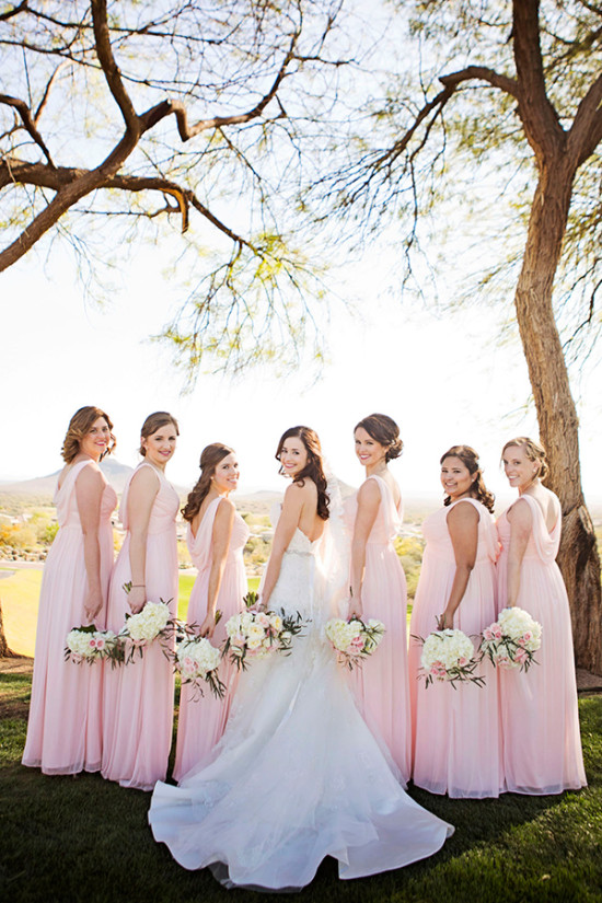 soft pink drape back bridesmaid dresses
