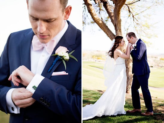 pink bow tie and navy suit groom
