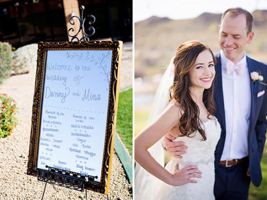 mirror wedding sign and bride and groom
