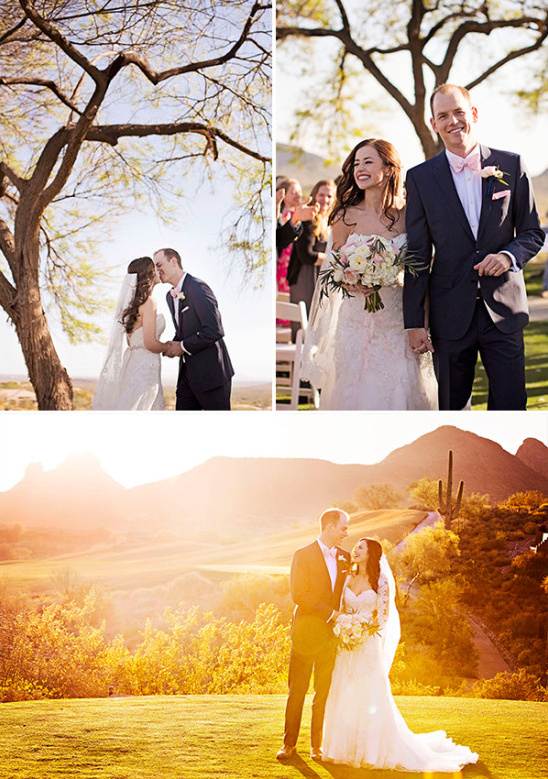 sunset wedding photos and wedding kiss