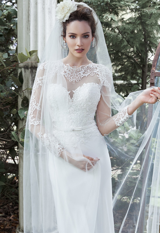 Bride in elegant lace gown and veil outdoor