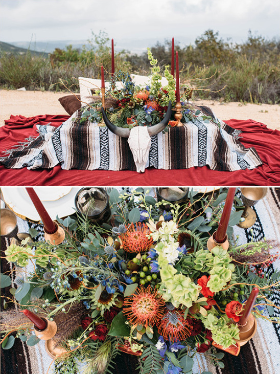 Boho desert table with floral and bull skull decor