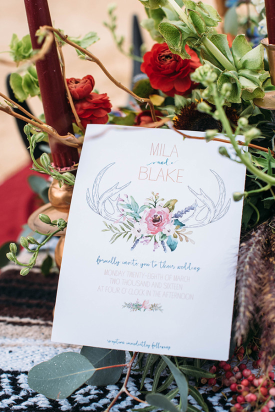 Rustic floral antler wedding invitation for Mila and Blake