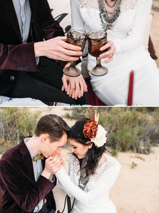 Bohemian couple shares wedding toast and tender kiss