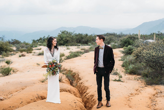 Rustic wedding on the desert hillside with mountains view