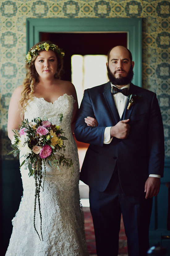 Bride and groom portrait wedding day floral crown