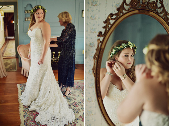 Bride getting ready on wedding day with flower crown