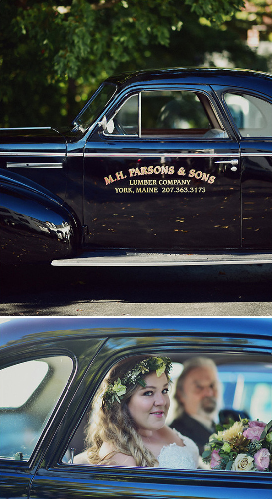 Bride in vintage car with M H Parsons & Sons Lumber logo