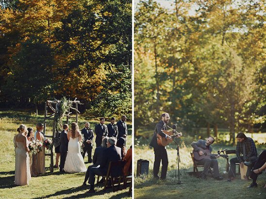 Outdoor wedding ceremony and musical performance on lawn