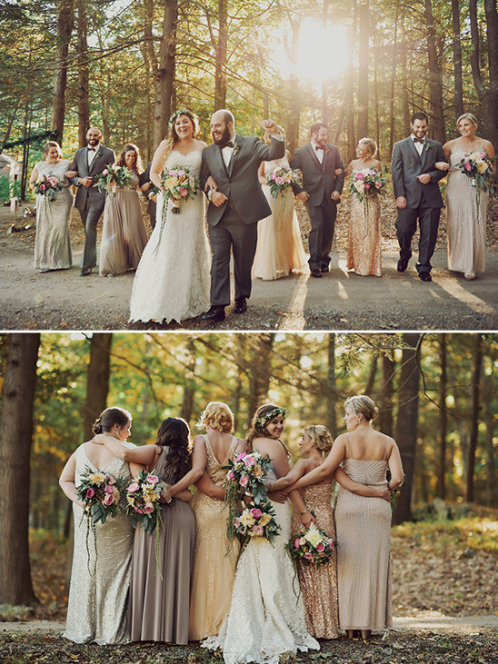 Wedding party walking through forest at outdoor ceremony